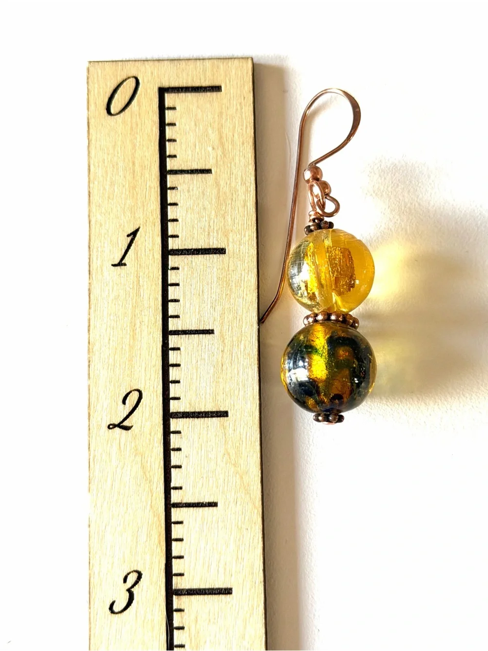 Lamp Work Glass Pierced Earrings Golden Yellow & Green Copper Womans Jewelry - Picture 4 of 4